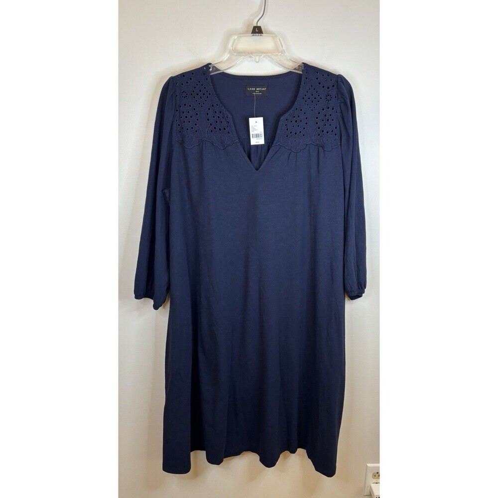 LANE BRYANT Eyelet Swing Dress 10/12 Navy Blue 3/4 Sleeve Knee Pockets Cotton